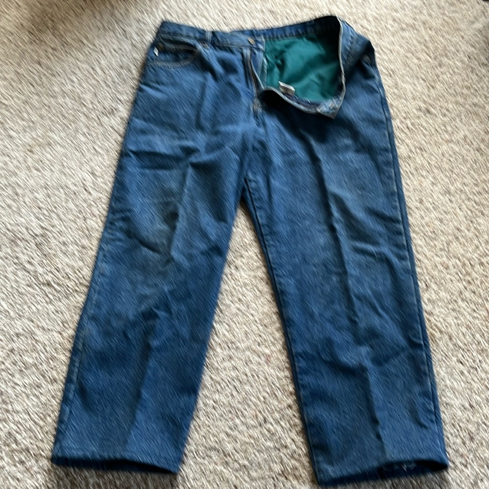 LL Bean Double L Green Fleece Lined Relaxed Fit Mens Jeans EUC Size 38X29